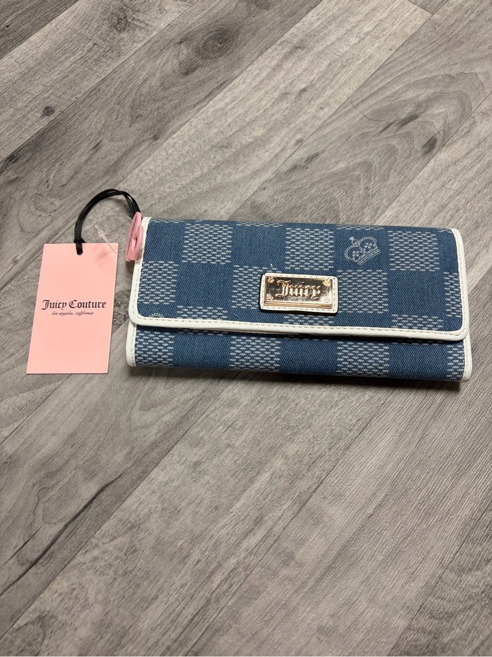 Juicy Couture Blue Check Tri-Fold Wallet with White Trim